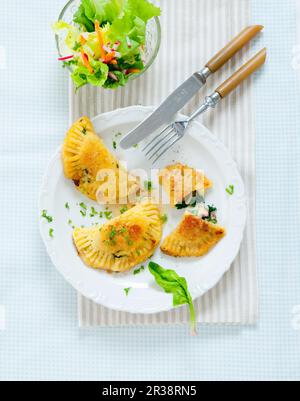 Maultaschen (Swabian ravioli) filled with spinach and mushrooms and a mixed leaf salad Stock Photo