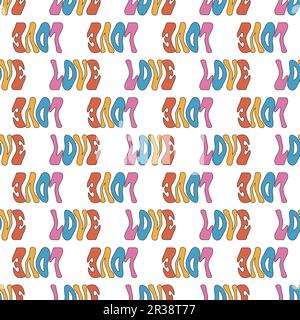 Vector seamless pattern -Y2k groovy quote LOVE lettering. Funky retro aesthetic prints for modern fabric design with melting organic shapes. Stock Vector
