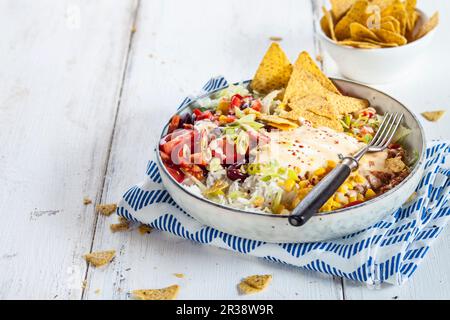 A taco salad bowl with chilli con carne (Mexico) Stock Photo