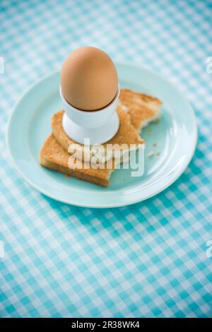 An egg in a eggcup on a slice of toast Stock Photo