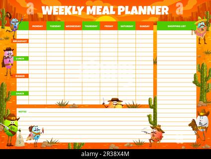 Weekly meal planner of Western cartoon cowboy, bandit and ranger fruit ...