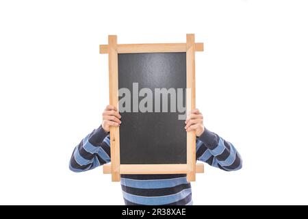 Man with black chalkboard Stock Photo
