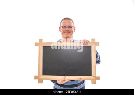 Man with black chalkboard Stock Photo
