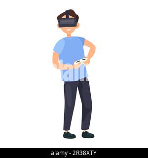 Boy playing vr game illustration in color cartoon style. Editable vector graphic design. Stock Vector