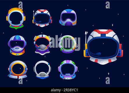 Kids astronaut space helmets, photo booth prop vector mockups. Cartoon spaceman helmets, astronaut space suit masks with antennas, microphones and oxygen tubes photo booth frames for kids party Stock Vector