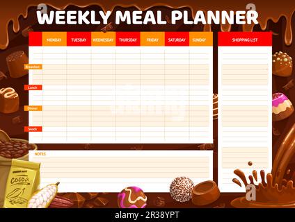 Weekly meal planner. Cocoa and chocolate praline and fudge, souffle, truffle and jelly, hazelnut candy bonbon or nutrition organizer or timetable, meal weekly vector journal or diet planner template Stock Vector