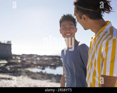 Happy biracial gay male couple smiling and walking on sunny beach, copy space Stock Photo