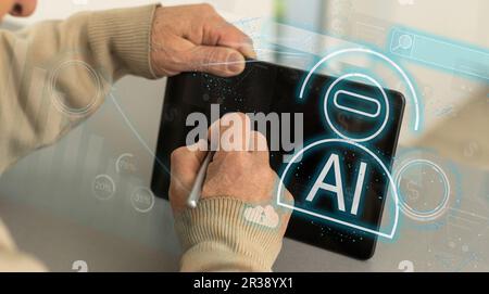 Automation Software Technology Process System Business concept. young entrepreneur working on a virtual screen of the future and sees the inscription Stock Photo