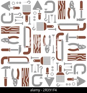 Tools set pattern seamless. Tool background. saw and brush, hammers, pliers. Trowel and clamp. Stock Vector