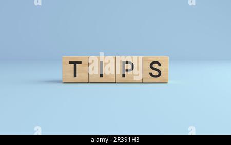 Tips written on wooden cubes on the blue background. 3D rendering. Stock Photo