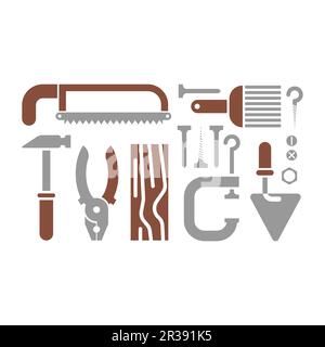 Tools set: saw and brush, hammers, pliers. Trowel and clamp. Stock Vector