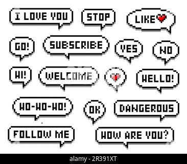 Pixel speech bubble messages. Like, subscribe, follow social media web interface buttons or banners, 8bit game arcade GUI speech bubble or dialogue balloon pixelated vector icons or pictograms set Stock Vector