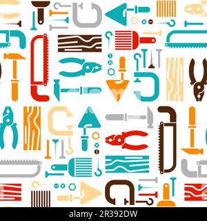 Tools set pattern seamless. Tool background. saw and brush, hammers, pliers. Trowel and clamp. Stock Vector