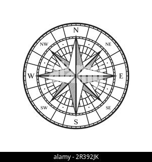 Old compass, vintage map wind rose vector icon with north and east star. Marine travel direction and nautical retro navigation or seafaring symbol of windrose compass with south and west star arrows Stock Vector