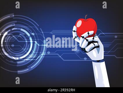 Robot hand is holding an apple on abstract technology background. Vector illustration Stock Vector