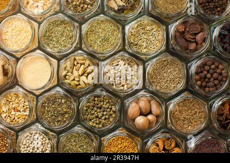 Pastel top view seamless texture with spices and herbs Stock Photo