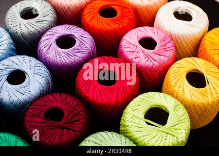 Colored balls of yarn close up, rainbow palette Stock Photo