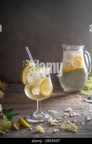 Elderflower cordial with lemon and apple slices on ice Stock Photo