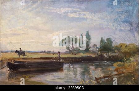 John Constable, Barge below Flatford Lock, landscape painting circa 1810 Stock Photo