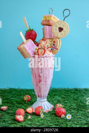 Strawberry freakshake topped with cake, cookies, strawberries and whipped cream Stock Photo