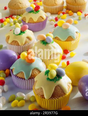 Easter muffins with sugar eggs Stock Photo