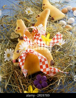 Sweet yeast dough Easter bunnies on hay with spring flowers Stock Photo