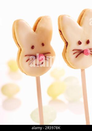 Easter bunny biscuits lollies decorated with chocolate cream and icing Stock Photo
