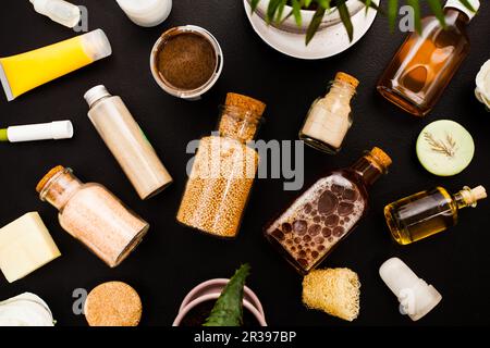 Flat lay organic cosmetic in vintage bottles Stock Photo