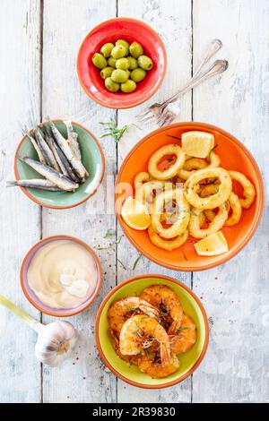 Various tapas with seafood and fish (Spain) Stock Photo