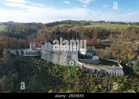 Cesky Sternberk,Czech republic- September 16 2022:Cesky Sternberk aerial panorama landscape view of this old well fortified medieval castle,Czech repu Stock Photo