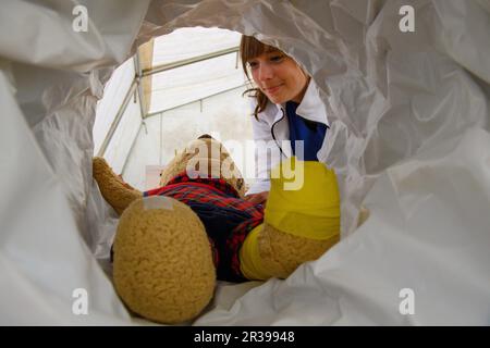 23 May 2023, Saxony-Anhalt, Magdeburg: A teddy lies in a play computer tomograph in the 'Teddy Clinic' at the Medical Faculty of Otto von Guericke University Magdeburg. In the tent hospital, children can have their cuddly toys examined by medical students until May 25, 2023. About 600 daycare children have registered for the project, organizers said. An 'open consultation hour' for all children is to take place on May 24, 2023 afternoon. The teddy clinic aims to take away children's fear of visiting the doctor by having them go through the process of a doctor's visit with their stuffed animals Stock Photo