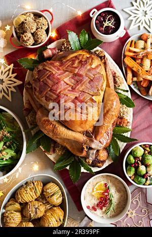 A Christmas turkey with bacon Stock Photo