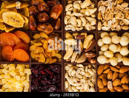 Dried fruit and nuts at street market, close up Stock Photo