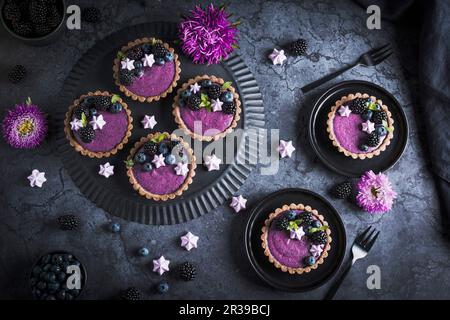Blackberry yoghurt tartlets with mint leaves and meringue drops on black plates Stock Photo