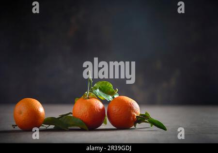 Three mandarin oranges with leaves Stock Photo