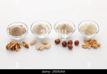 Various types of nut flour Stock Photo