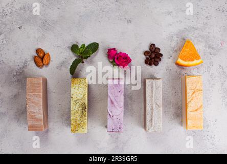 Top view of handcrafted soap with ingredients Stock Photo