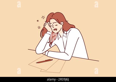 Tired girl student sleeps sitting at table with papers while filling out test or preparing for exams. Concept of burnout and overload during training before college or university entrance exams Stock Vector