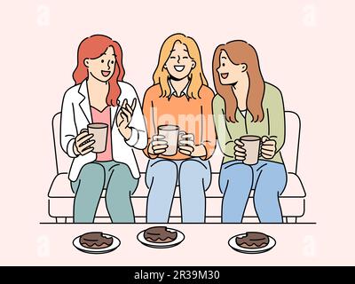 Smiling girls sitting on couch drinking tea eating desserts enjoying weekend together. Happy girlfriends relax with drinks and pastries at home. Vector illustration.  Stock Vector