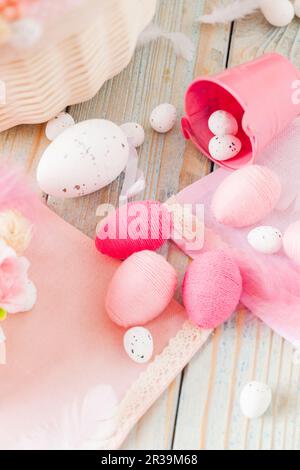 Top view assortment of handcrafted eggs for Easter Stock Photo
