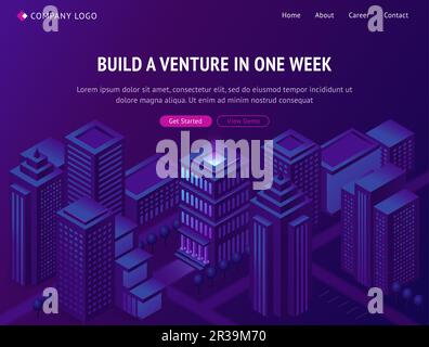 Venture and business company building service isometric landing page, organization project construction, smart city metropolis skyscrapers on neon colored background 3d vector illustration, web banner Stock Vector