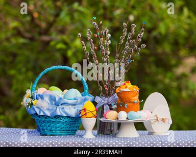 Spring holidays concept. Easter cake and eggs Stock Photo