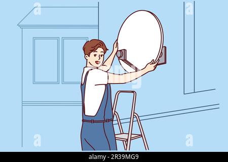 Master installs television satellite dish on facade of building standing on stepladder and looking at screen. TV company specialist sets up access to satellite TV channels for residents house Stock Vector