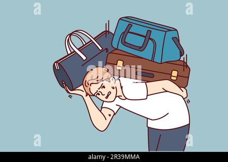 Dissatisfied man with heavy suitcases is moving or relocating to new city. Guy in casual clothes bends over putting suitcases on back and looks at screen in need of help from loader Stock Vector