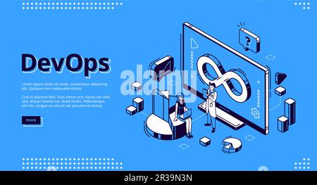 Devops isometric landing page, development and operation specialists work collaboration. Programmer and businesswoman at huge pc. Automation cycles software construction. 3d vector line art web banner Stock Vector