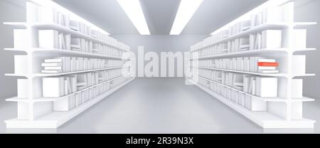 Realistic bookstore aisle with book mockups. Vector illustration of library or shop interior with blank white and red literature, education textbooks for study, bestsellers on shelves. Reading hobby Stock Vector