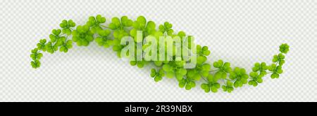 Lucky four leaf clover, border for Irish Patricks day background. Green shamrock leaves, wavy divider isolated on transparent background, vector realistic illustration Stock Vector