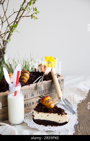 Easter cheesecake with a chocolate base and decorations Stock Photo