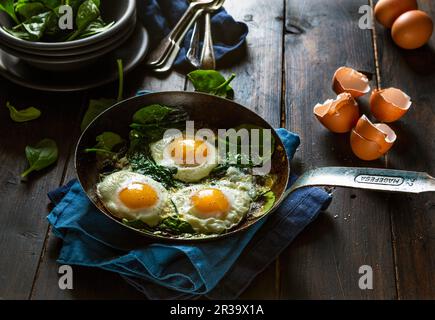 Fried Eggs and Spinach in a Frying pan Stock Photo