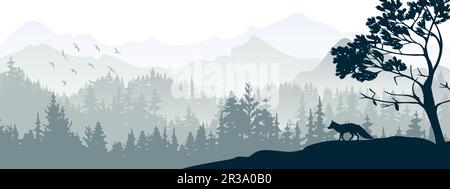 Horizontal banner. Silhouette of fox standing on hill. Mountains and forest in the background. Magical misty landscape, trees, animal. Gray illustrati Stock Vector